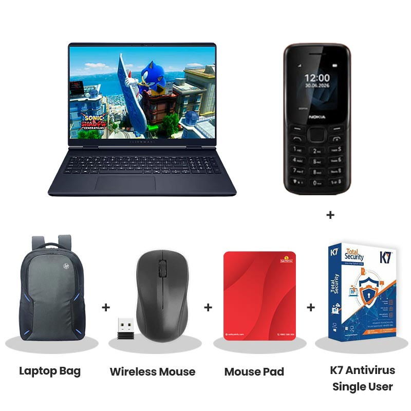  Dell Alienware 16 Aurora - Intel Core 7-240H 16" (40.64cm) Gaming Laptop (16GB DDR5/ 1TB SSD/ WQXGA 120Hz Display/ NVIDIA GeForce RTX 4050 8GB GDDR7/ Windows 11 Home/ Office Home 2024 + M365 Basic (1 Year Validity)/ 1 Year Warranty/ Interstellar Indigo/ 2.57 kg) with Nokia Mobile Phone + Laptop Bag + Wireless Mouse + Mouse Pad + K7 Antivirus Single User