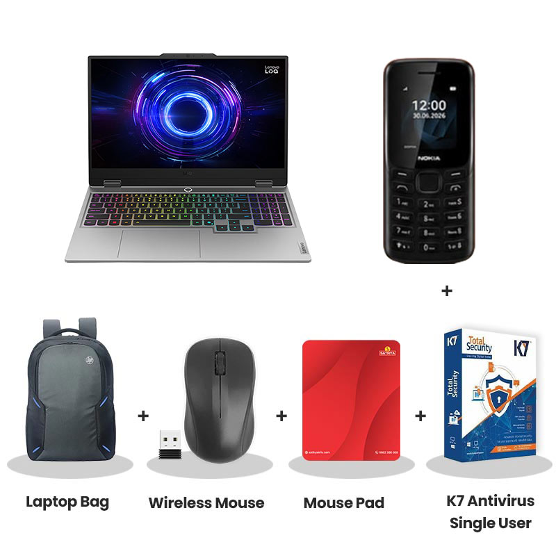 Lenovo LOQ - Intel Core i7-13645HX 15.6" (39.6cm)  83JE019WIN  Gaming Laptop (16GB DDR5/ 1TB SSD/ Full HD Display/ Anti-glare/ NVIDIA GeForce RTX 5060 8GB GDDR7/ Windows 11 Home/  1Year Warranty/ Luna Grey/ 2.4kg)   with Nokia Mobile Phone + Laptop Bag + Wireless Mouse + Mouse Pad + K7 Antivirus Single User