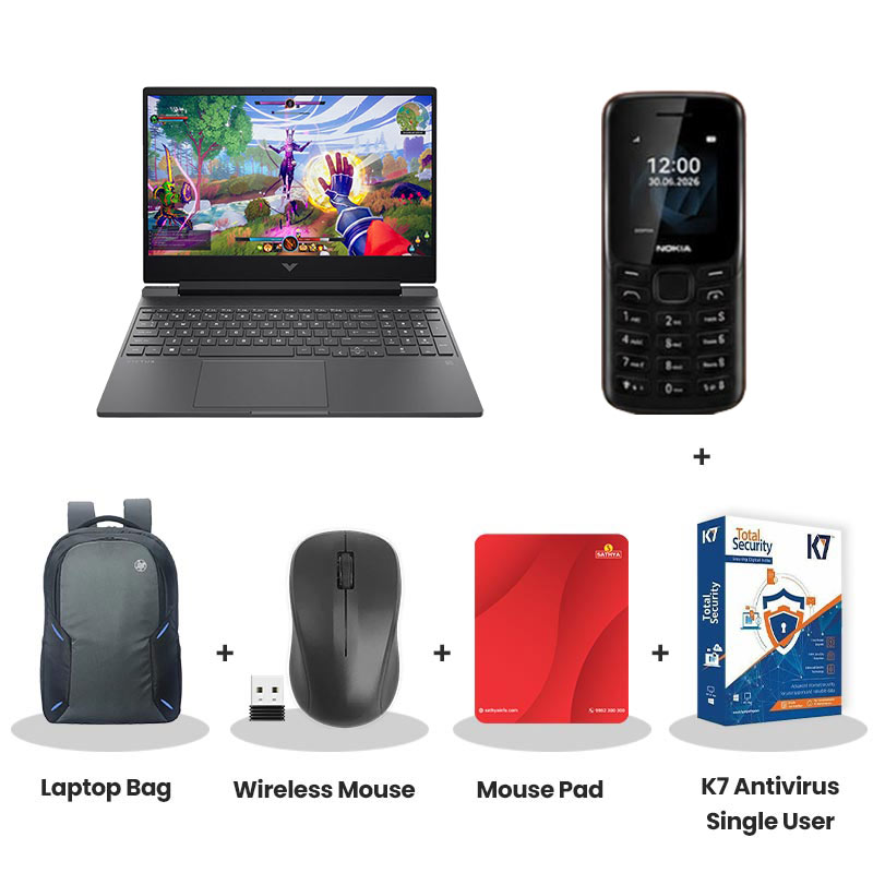 HP Victus - 14th Gen Intel Core i5-14450HX  15.6" (39.6 cm) 15–FA2303TX Gaming Laptop (24GB GB/ 512GB SSD/ Full HD Display/ 144 Hz/ NVIDIA GeForce RTX 3050/ Windows 11 Home/ MS Office 2024/ 1Year Warranty/ Mica Silver/ 2.3kg) Nokia Mobile Phone + Laptop Bag + Wireless Mouse + Mouse Pad + K7 Antivirus Single User