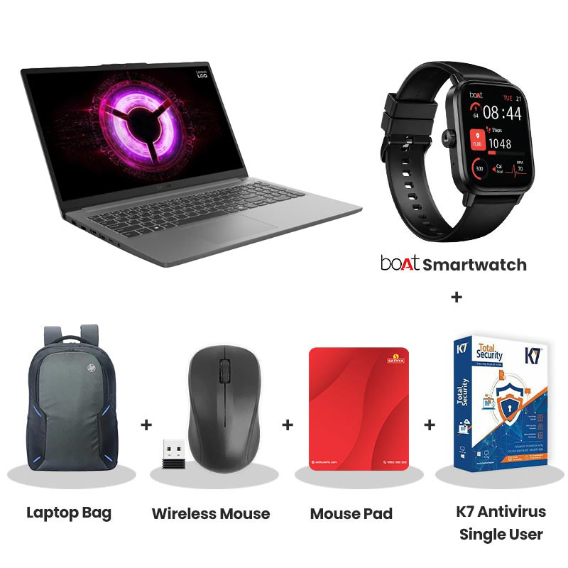 Lenovo  LOQ Essential  - AMD Ryzen 7 170 15.6" (39.62 cm) Gaming Laptop (16GB/ 512GB SSD/ Full HD Display/  NVIDIA GeForce RTX 3050 6GB GDDR6/ Camera Privacy Shutter/ Windows 11 Home/  Office Home 2024/ 1 Year Warranty/ Luna Grey/ 1.8 kg)  with bOAt Smartwatch + Laptop Bag Wireless Mouse + Mouse Pad + K7 Antivirus Single User