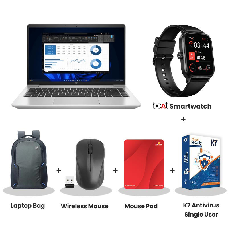 HP 250R G10 - Intel Core 5 120U 15.6" (39.6 cm) C91T8AT Thin & Light Laptop (16GB RAM/  512GB SSD/ Full HD Display/ Fingerprint Reader/ DOS/ 1Year Warranty/ Turbo Silver/ 1.52 kg) with bOAt Smartwatch + Laptop Bag Wireless Mouse + Mouse Pad + K7 Antivirus Single User