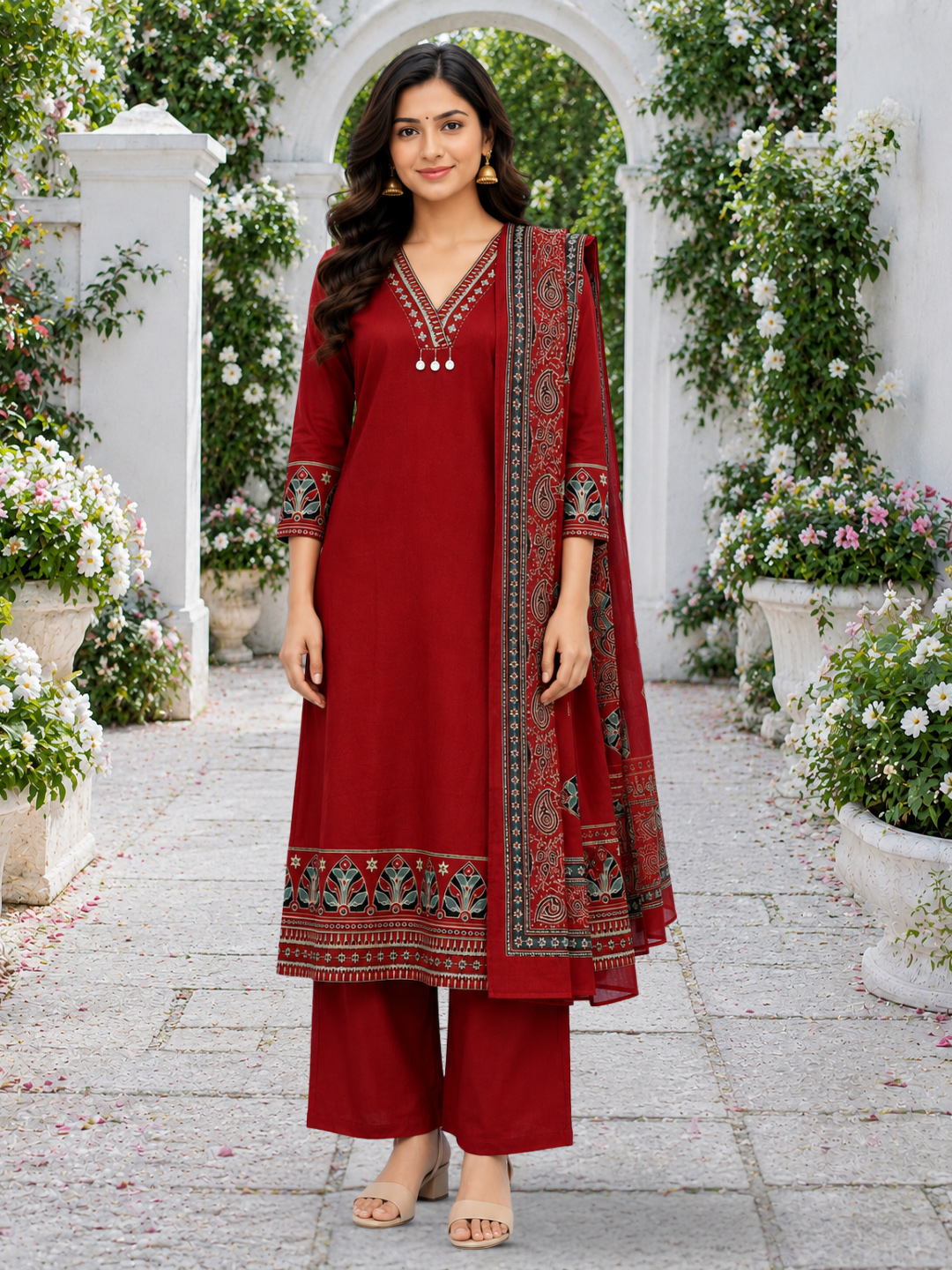 Ethnic Printed V-Neck Kurta Set