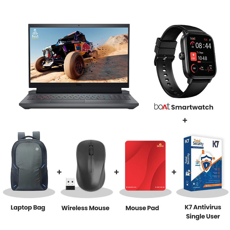 Dell G15 - 13th Gen Intel Core i5-13450HX 15" (38.10 cm) Gaming Laptop (16GB/ 512GB SSD/ Full HD Display/ NVIDIA GeForce RTX 3050 6GB GDDR6/ Windows 11 Home/ Office Home 2024/ 1 Year Warranty/ Dark Shadow Gray/ 2.81 kg) with bOAt Smartwatch + Laptop Bag Wireless Mouse + Mouse Pad + K7 Antivirus Single User