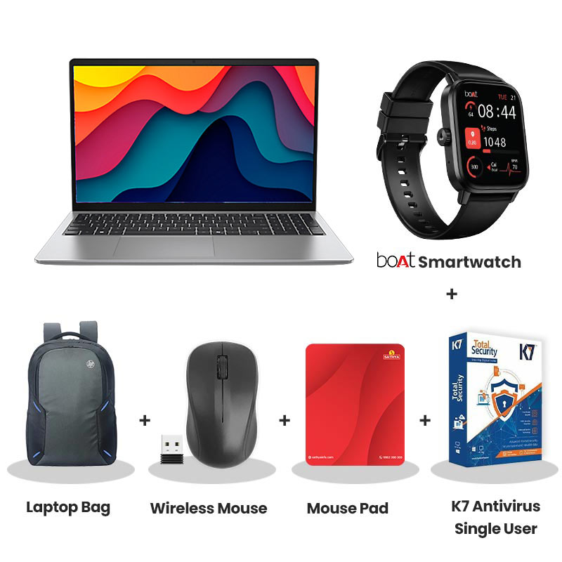 Dell New 15 - Intel Core Ultra 7 255H 15.6" (39.62cm) Thin & Light Laptop (16GB DDR5/ 512GB SSD/ Full HD Display/ Intel Graphics/ Backlit Keyboard/ Windows 11 Home/ Office Home 2024 + M365 Basic/ 1Year Warranty/ Platinum Silver/ 1.66 kg)  with bOAt Smartwatch + Laptop Bag Wireless Mouse + Mouse Pad + K7 Antivirus Single User