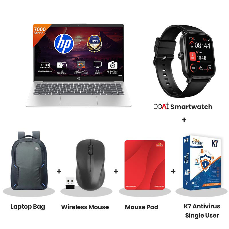HP 14 - AMD Ryzen 7 7730U 14" (35.6cm) 14-EM0104AU Thin & Light Laptop  (16GB RAM/ 512GB SSD/   Full HD Display/ AMD Radeon 610M Graphics/ Backlit Keyboard/ Windows 11 Home/ M365 Basic(1yr)/ Office Home 24/  1Year Warranty/ Natural Silver/ 1.4 kg)   with bOAt Smartwatch + Laptop Bag Wireless Mouse + Mouse Pad + K7 Antivirus Single User