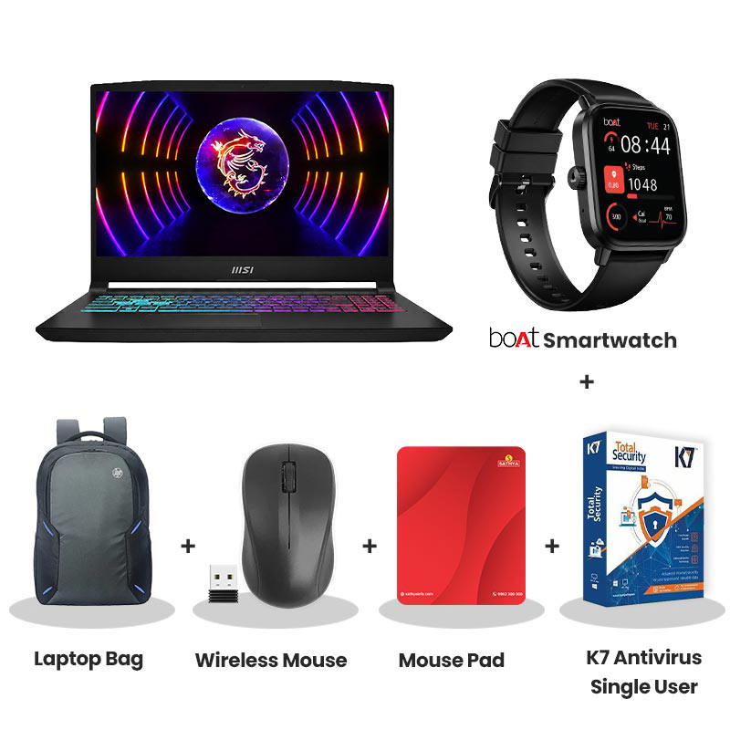 MSI Katana 107IN - 13th Gen Intel Core i5-13420H 15.6" (39.6 cm) Gaming Laptop (16GB/ 1TB SSD/ IPS-Level  Full HD Display/ 144 Hz/ NVIDIA GeForce RTX 3050 6GB GDDR6/  Windows 11 Home/ 2 Years warranty/ Black/ 2.25kg) with bOAt Smartwatch + Laptop Bag Wireless Mouse + Mouse Pad + K7 Antivirus Single User