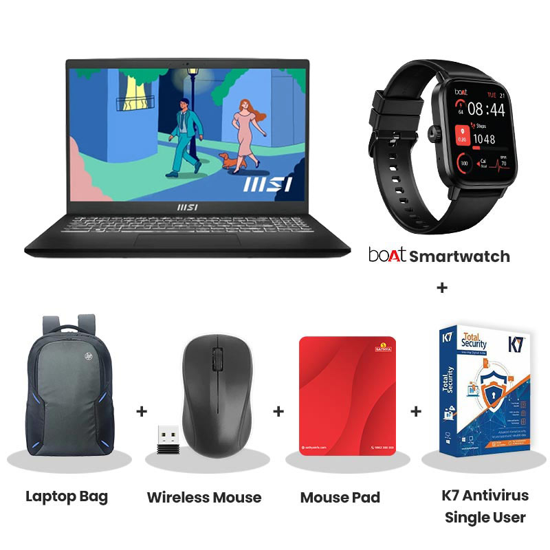 MSI Modern 15 H - 13th Gen Intel Core i7-13620H 15.6" (39.6 cm) B13M-225IN Thin & Light Laptop (16GB/ 512GB SSD/ IPS-Level Full HD Display/ Integrated Intel UHD Graphics/ Windows 11 Home/  MS Office 2021/ 1Year Warranty/ Classic Black/ 1.9Kg) with bOAt Smartwatch + Laptop Bag Wireless Mouse + Mouse Pad + K7 Antivirus Single User
