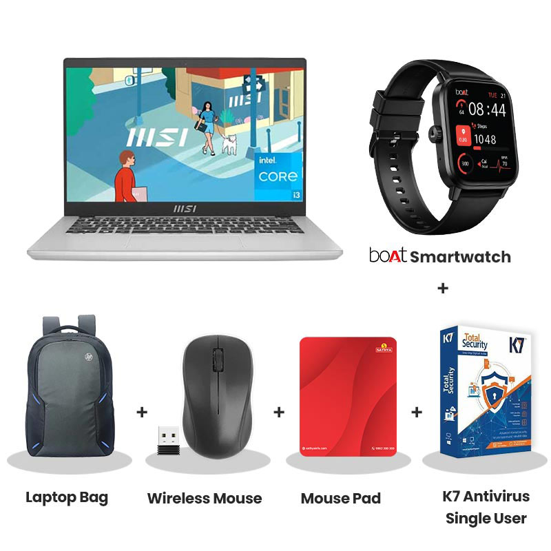 MSI Modern 14 - AMD Ryzen 5 7430U  14" (35.6 cm)  C7M-104IN Thin & Light Laptop  (16GB/ 512GB SSD/ IPS-Level Full HD Display/  Integrated AMD Radeon Graphics/ Windows 11 Home/ MS Office 2024+Microsoft 365 Basic/ 1Year Warranty/ Urban Silver/ 1.4 kg) with bOAt Smartwatch + Laptop Bag Wireless Mouse + Mouse Pad + K7 Antivirus Single User