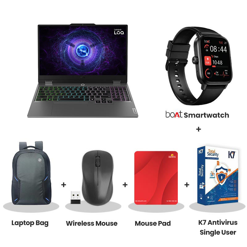 Lenovo LOQ -  Intel Core i7-13650HX 15.6" (39.6cm)  83DV01K8IN Gaming Laptop (16GB DDR5/ 512GB  SSD/ Full HD Display/  Anti-glare/ NVIDIA GeForce RTX 4050 6GB GDDR6/ Windows 11 Home/  Office Home 2024/ 1Year Warranty/ Luna Grey/ 2.38kg) bOAt Smartwatch + Laptop Bag Wireless Mouse + Mouse Pad + K7 Antivirus Single User