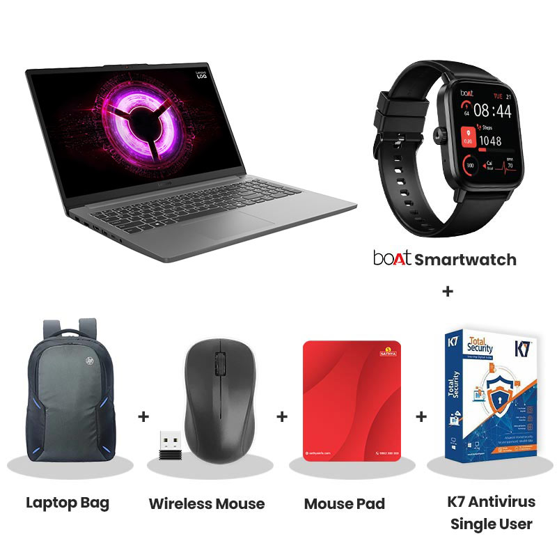 Lenovo LOQ -  AMD Ryzen 7 170 15.6" (39.62 cm)  83S000FPIN Gaming Laptop (16GB DDR5/ 512GB SSD/  Full HD Display/ Anti-glare/ NVIDIA GeForce RTX 3050A 4GB GDDR6/ Windows 11 Home/  Office Home 2024/ 1Year Warranty/ Luna Grey/ 1.8 kg) bOAt Smartwatch + Laptop Bag Wireless Mouse + Mouse Pad + K7 Antivirus Single User