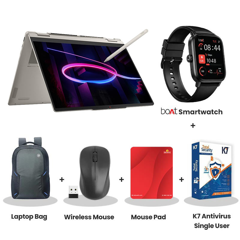 Lenovo Yoga 7 - Intel Core Ultra 5 322 14" (35.5cm) 83TC005MIN 2-in-1 Laptop  (16GB  LPDDR5X/ 512GB SSD/ WUXGA OLED 400nits Glossy/ Integrated Intel Graphics/ Windows 11 Home/ Microsoft 365 Basic + Office Home 2024/ 1Year Warranty/ Seashell/ 1.4 kg) bOAt Smartwatch + Laptop Bag Wireless Mouse + Mouse Pad + K7 Antivirus Single User