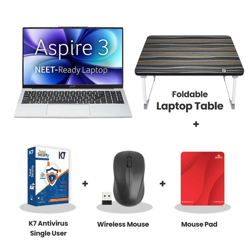Acer Aspire 3 - N4500 15" (38.1 cm) A325-45 Thin and Light Laptop (8GB LPDDR4/ 256GB SSD/  Intel UHD Graphics/ Windows 11 Home/ 1Year Warranty/ Pure  Silver/ 1.5 kg)  No MSO  with Laptop Table + K7 Antivirus Single User + Wireless Mouse + Mouse Pad