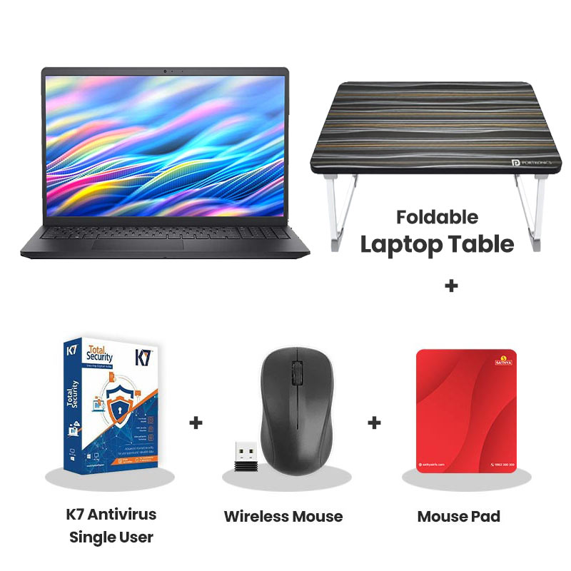 Dell 15 - Intel Core 3 100U  15.6" (39.62cm) Thin & Light Laptop  (8GB 512GB SSD/ Full HD Display/ Intel UHD Graphics/ Windows 11 Home/ MS Office 2024/ 1 Year Warranty/ Carbon Black / 1.94 kg)  + Laptop Table + K7 Antivirus Single User + Wireless Mouse + Mouse Pad