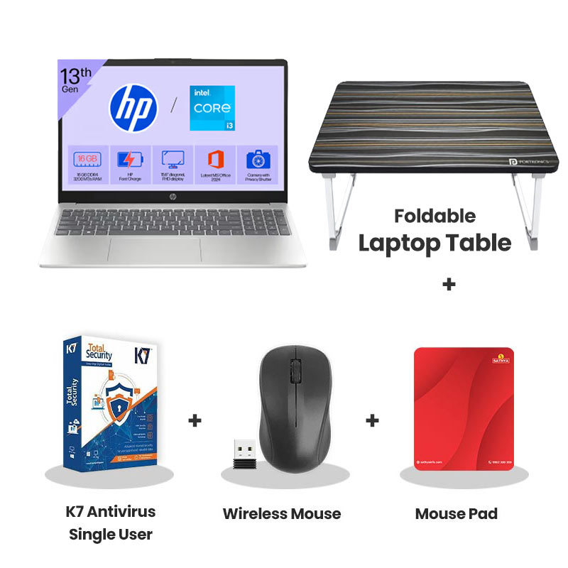 HP - Intel Core i3-1315U 15.6" (39.6 cm)  15-fd0962TU Thin & Light Laptop  (8GB RAM/ 256GB SSD/ Full HD Display/ Intel UHD Graphics/ Windows 11 Home/ MS Office/ 1Year Warranty/ Natural silver/ 1.59 kg)  Laptop Table + K7 Antivirus Single User + Wireless Mouse + Mouse Pad