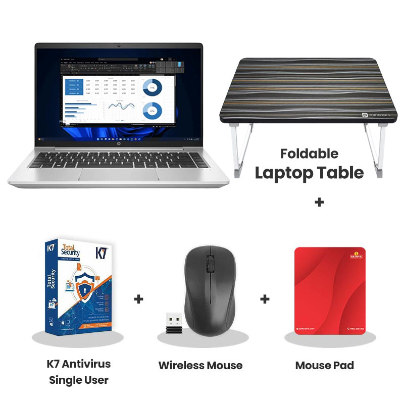 HP 250R G10 - Intel Core 5 120U 15.6" (39.6 cm) C91T8AT Thin & Light Laptop (16GB RAM/  512GB SSD/ Full HD Display/ Fingerprint Reader/ DOS/ 1Year Warranty/ Turbo Silver/ 1.52 kg)  + Laptop Table + K7 Antivirus Single User + Wireless Mouse + Mouse Pad