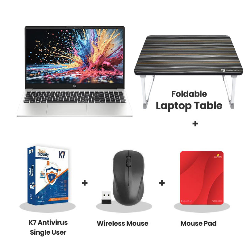 HP 255R G10 - AMD Ryzen 3 7335U 15.6" (39.6 cm) C8HS5AT Thin & Light Laptop (8GB DDR5/ 512 GB SSD/  Integrated AMD Radeon 660M/ DOS/  1Year Warranty/ Turbo Silver/ 1.66 kg)  Laptop Table + K7 Antivirus Single User + Wireless Mouse + Mouse Pad