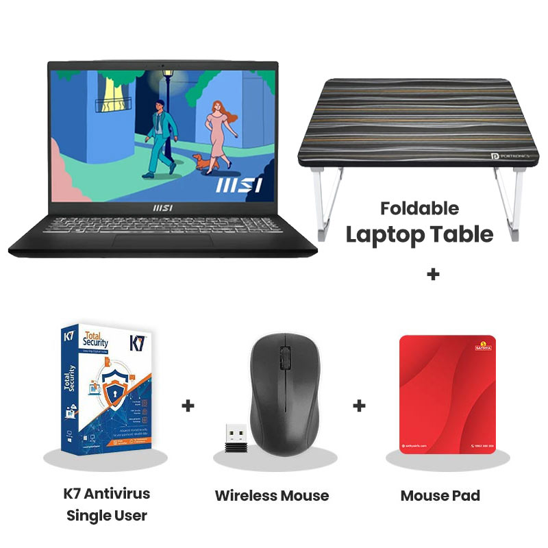 MSI Modern 15 H - 13th Gen Intel Core i7-13620H 15.6" (39.6 cm) B13M-225IN Thin & Light Laptop (16GB/ 512GB SSD/ IPS-Level Full HD Display/ Integrated Intel UHD Graphics/ Windows 11 Home/  MS Office 2021/ 1Year Warranty/ Classic Black/ 1.9Kg) + Laptop Table + K7 Antivirus Single User + Wireless Mouse + Mouse Pad