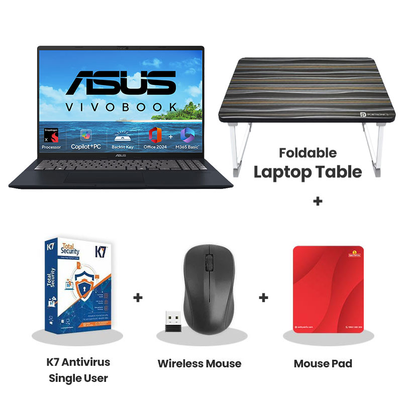 Asus Vivobook 16 (2025) - Snapdragon X X1 26 100 16" (40.64 cm) X1607QA-MB049WS AI Powered Thin and Light Laptop (16GB/ 512GB SSD/ WUXGA Display/ Qualcomm Adreno GPU/ Windows 11 Home/ Office Home 2024/ 1Year Warranty/ Quiet Blue/ 1.88 kg)   with Laptop Table + K7 Antivirus Single User + Wireless Mouse + Mouse Pad