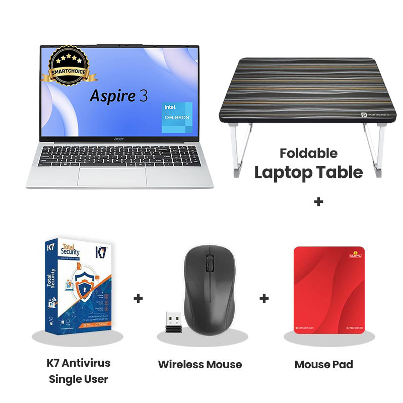 Acer Aspire 3 - Intel Core Celeron N4500 15" (38.1 cm) A325-45 Thin and Light Laptop (12GB LPDDR4/ 256GB SSD/ HD Display/ Intel UHD Graphics/ Windows 11 Home/ MS Office/ 1Year Warranty/ Pure Silver/ 1.5 kg)  with Laptop Table + K7 Antivirus Single User + Wireless Mouse + Mouse Pad