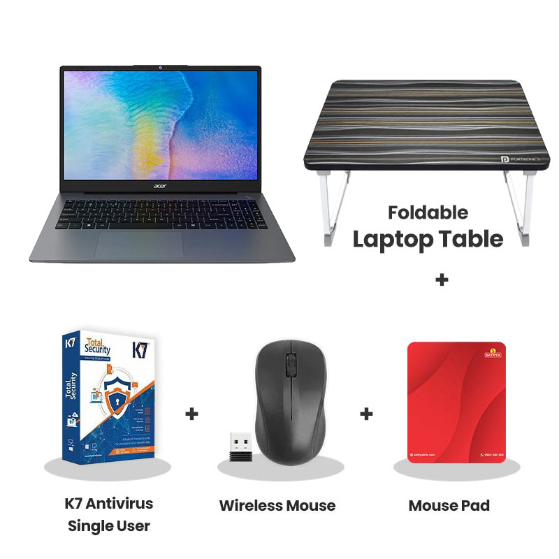 Acer Aspire 3 - AMD Ryzen R3 5400  15.6" (39.62 cm) A325-42 Thin and Light laptop ( 8GB DDR4/ 256GB SSD/  Full HD Display/ AMD Radeon Graphics/ Windows 11 Home/ 1Year Warranty/ Steel Gray/ 1.79 kg) No MSO   + Laptop Table + K7 Antivirus Single User + Wireless Mouse + Mouse Pad