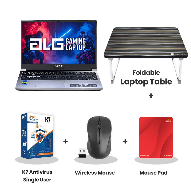 Acer -  Intel Core 7 processor 240H 15.6" (39.62 cm)AL15G-53 Gaming Laptop  (16GB DDR4/ 512GB SSD/ Full HD Plus Display/  NVIDIA GeForce RTX 3050 4GB DDR6/ Windows 11 Home/ 1Year Warranty/ Titanium Gray/ 1.99kg)  + Laptop Table + K7 Antivirus Single User + Wireless Mouse + Mouse Pad