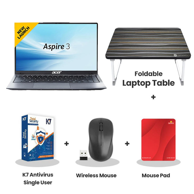 Acer Aspire 3 -  Intel Core i3-1305U 15" (38.1 cm)  Thin and Light Laptop  (8GB DDR4/ 500GB SSD/ Full HD IPS Display/ Copilot Key/ Intel UHD Graphics/ Windows 11 Home/ MS Office/ 1Year Warranty/ Silver/ 1.5 kg)  + Laptop Table + K7 Antivirus Single User + Wireless Mouse + Mouse Pad