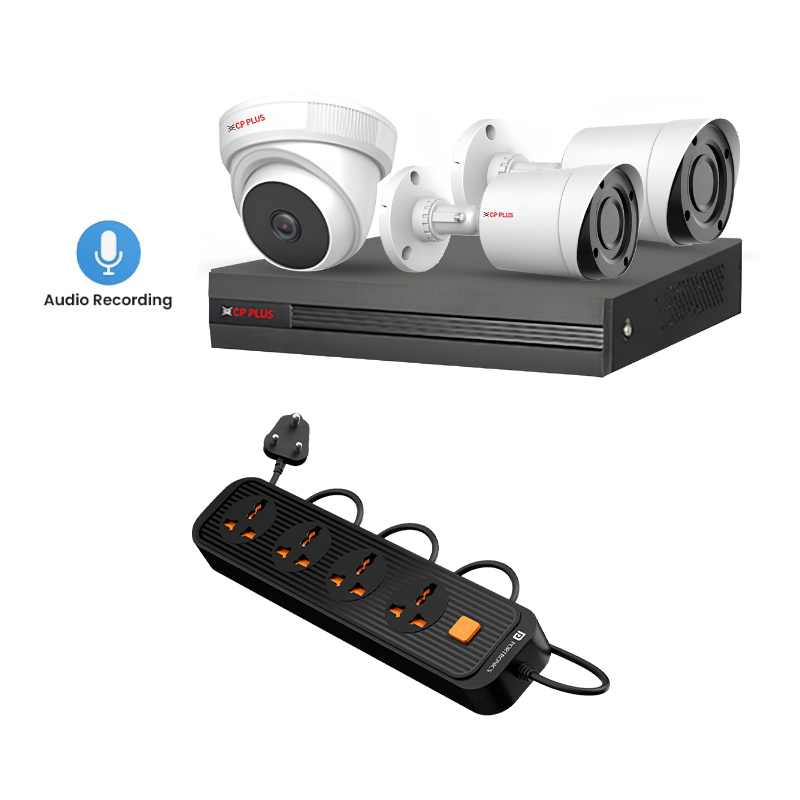 CP PLUS 3 CCTV Cameras Combo (1 Indoor & 2 Outdoor CCTV Cameras with mic) + DVR + HDD + Accessories + Power Supply + 60m Cable + Portronics Power Plate 12 Extension Board
