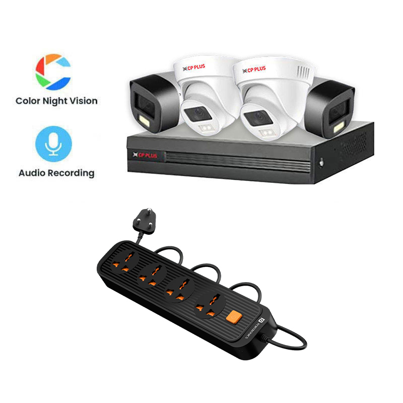 CP PLUS 4 CCTV Cameras Combo (2 Indoor & 2 Outdoor CCTV Cameras) (DUAL LIGHT WITH MIC) + DVR + HDD + Accessories + Power Supply + 90m Cable + Portronics Power Plate 12 Extension Board