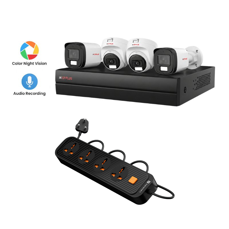 CP PLUS 4 5MP CCTV Cameras with Color Night Vision & Audio Recording  (2 Indoor & 2 Outdoor CCTV Cameras)+ DVR + HDD + Accessories + Power Supply + 90m Cable   + Portronics Power Plate 12 Extension Board