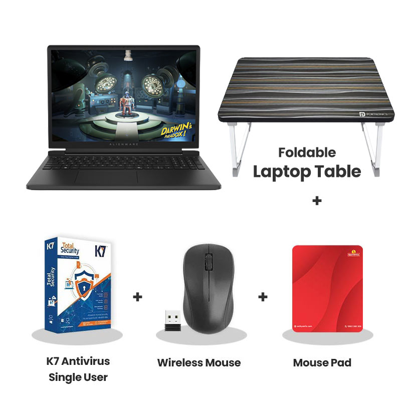 Dell New Alienware 15 - AMD Ryzen 7 260   15.3" (38.86 cm) Gaming Laptop (16GB DDR5/ 512GB SSD/ WUXGA/ NVIDIA GeForce RTX 4050, 6GB GDDR6/ Windows 11 Home/ Microsoft Office Home 2024+ M365 Basic (1 Year Validity)/ 1Year Warranty/ Black/ 2.25kg)  Laptop Table + K7 Antivirus Single User + Wireless Mouse + Mouse Pad