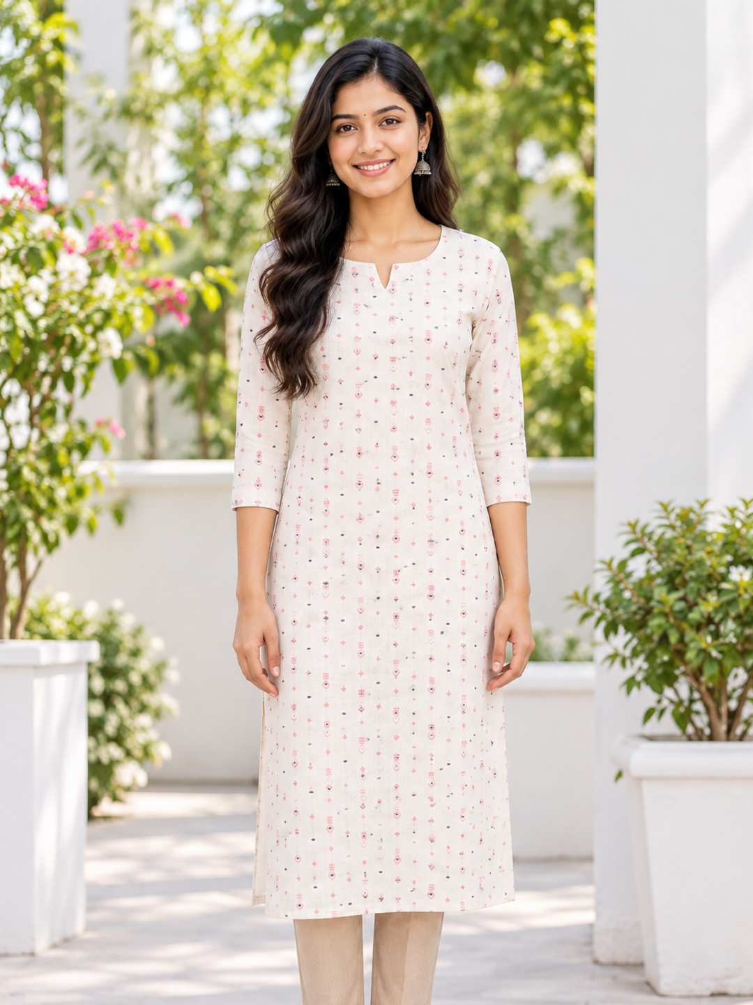 Printed Notched Round Neckline Kurta
