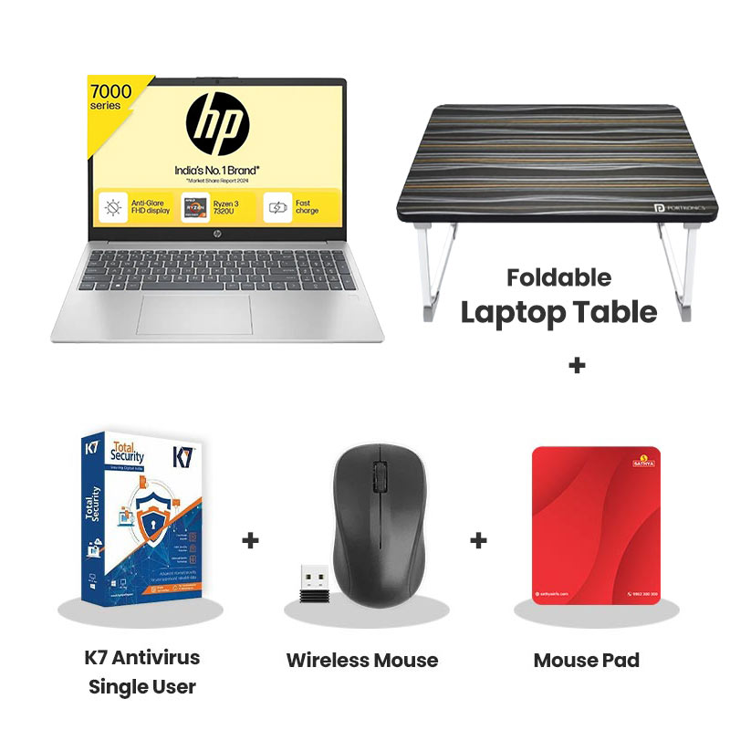 HP - AMD Ryzen 3-7320U 15.6" (39.6 cm) Thin & Light Laptop (8GB/ 512GB SSD/ Full HD Display/ AMD Radeon Graphics/ Anti-Glare/ 3-cell, 41 Wh Li-ion polymer/ Windows 11 Home/ M365 Basic(1yr)* Office 2024/ 1Year Warranty/ Natural silver/ 1.59 kg)  with Laptop Table + K7 Antivirus Single User + Wireless Mouse + Mouse Pad