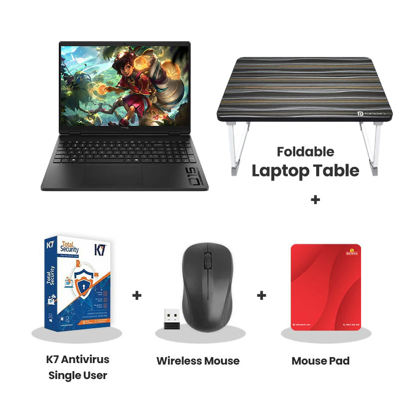 HP  HyperX OMEN - AMD Ryzen 7 260 15.3'' (38.9 cm)  15-GB0038AX Gaming Laptop (24GB DDR5/ 1TB SSD/  2.5K IPS Anti-glare Display/ NVIDIA GeForce RTX 5050 8GB GDDR7/ Windows 11 Home/ Microsoft Office 2024/ 1Year Warranty/ Shadow Black/ 2.42 kg) with Laptop Table + K7 Antivirus Single User + Wireless Mouse + Mouse Pad