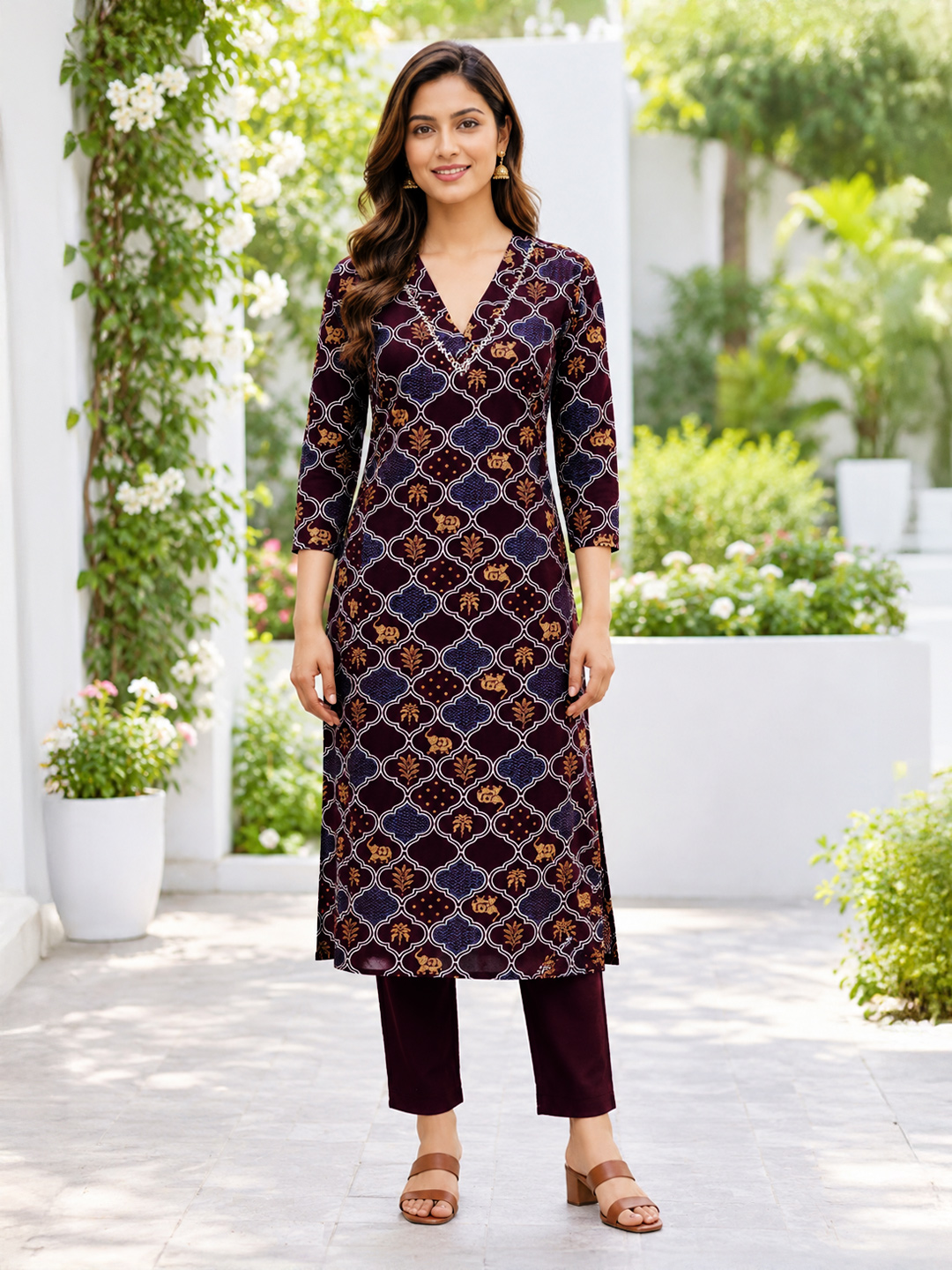 Geometric Printed V-Neck Kurta Set