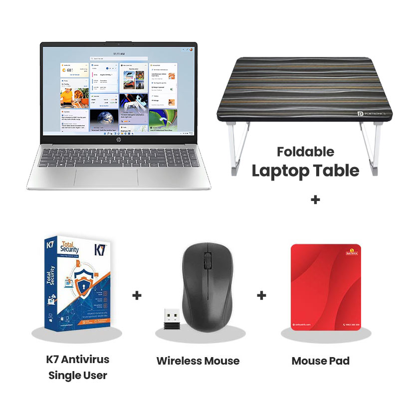 HP OmniBook 3 - AMD Ryzen 5 7520U 14" (35.6cm) 14-HY0082AU Thin & Light Laptop (8GB  LPDDR5/ 512GB SSD/ AMD Radeon 610M Graphics/ Windows 11 Home/ MS Office 2024/ 1Year Warranty/ Silver/ 1.42 kg) + Laptop Table + K7 Antivirus Single User + Wireless Mouse + Mouse Pad