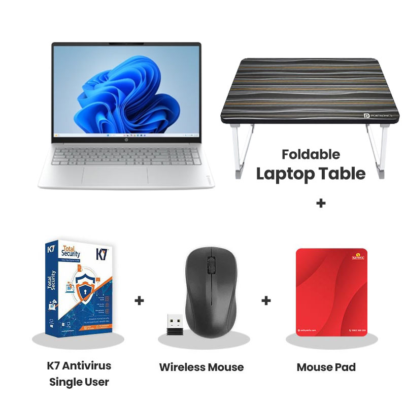 HP OmniBook 3 - AMD Ryzen 3 16" (40.6 cm)  16-BY0095AU Thin & Light Laptop  (8GB LPDDR5/ 256GB SSD/ AMD Radeon 610M Graphics/ Windows 11 Home/ MS Office 2024/ 1Year Warranty/ Silver/  1.64 kg) Laptop Table + K7 Antivirus Single User + Wireless Mouse + Mouse Pad