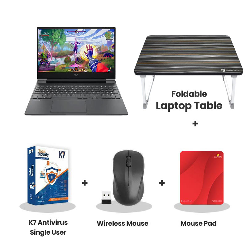 HP Victus -  Intel Core i7-13650HX 15.6" (39.6 cm)  15-fa2495TX Gaming Laptop (24 GB DDR5/ 512GB SSD/ Full HD Display/  NVIDIA GeForce RTX 4050 6GB GDDR6/ Windows 11 Home/ 1Year Warranty/ Mica Silver/ 2.29 kg)  with Laptop Table + K7 Antivirus Single User + Wireless Mouse + Mouse Pad