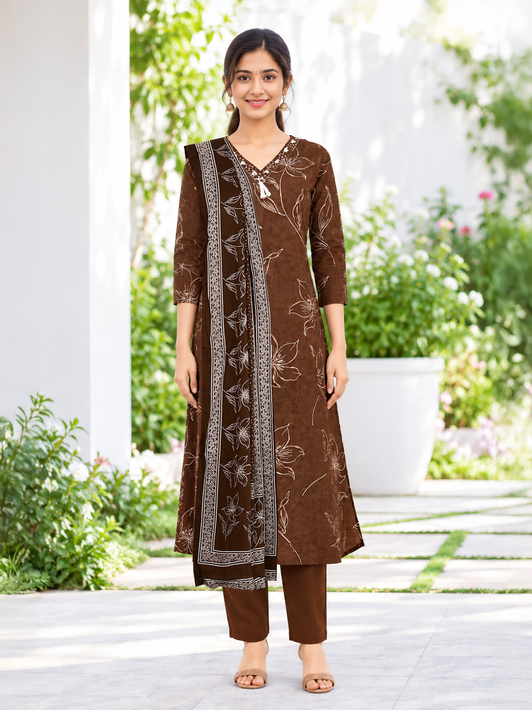 V-Neck Ethnic Printed  Kurta Set