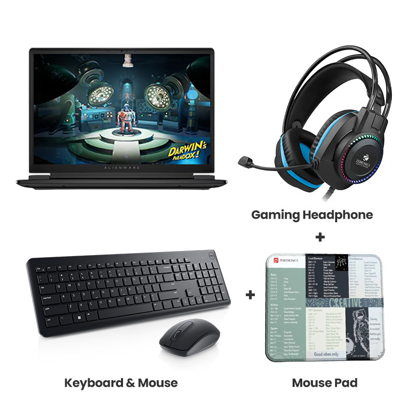 Dell  Alienware 15 - AMD Ryzen  7 260 15.3" (38.86 cm) Gaming Laptop (16GB DDR5/ 512GB SSD/ WUXGA/ NVIDIA GeForce RTX 5050, 8GB GDDR7/ Windows 11 Home/ Microsoft Office Home 2024 1Year Warranty/ Black/ 2.25kg) + Zebronics Jet Gaming Headphone + Dell Keyboard and Mouse + Portronics Mouse Pad