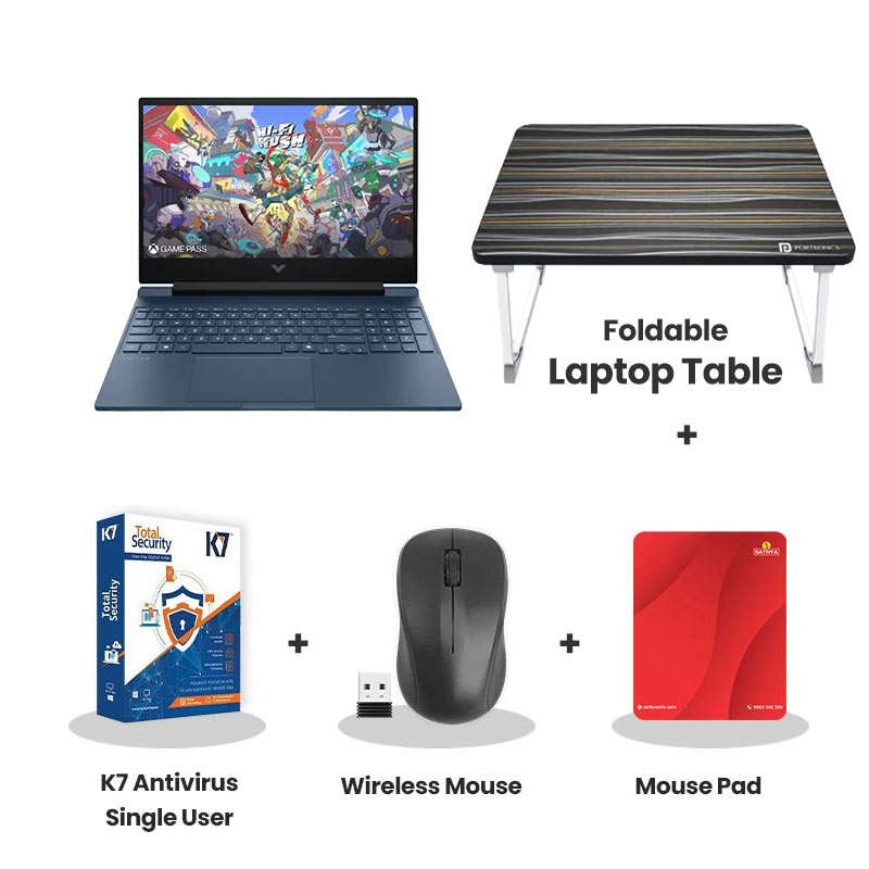 HP Victus - AMD Ryzen 7-7445HS 15.6" (39.6 cm)  15-fb3359AX Gaming Laptop (12GB DDR5/ 512 GB SSD/ Full HD Display/ NVIDIA GeForce RTX 3050 6GB GDDR6/  Windows 11 Home + MS Office/ 1Year Warranty/ Performance Blue/ 2.29 kg) + Laptop Table + K7 Antivirus Single User + Wireless Mouse + Mouse Pad