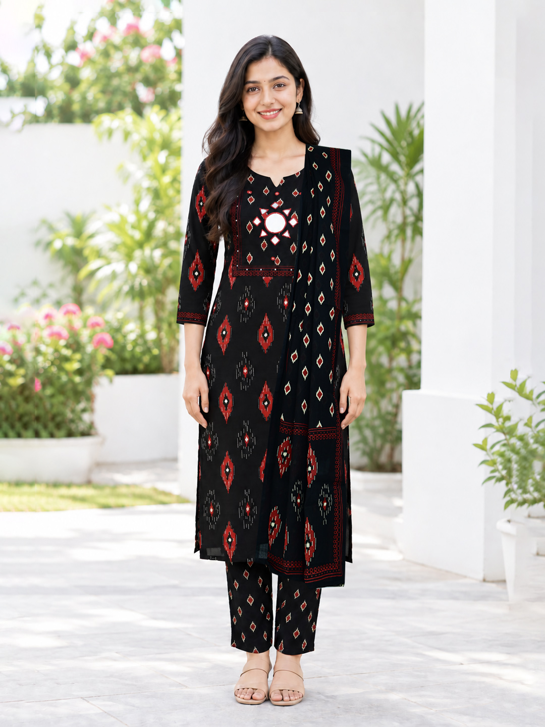 Ethnic Mirror Work Printed Kurta Set