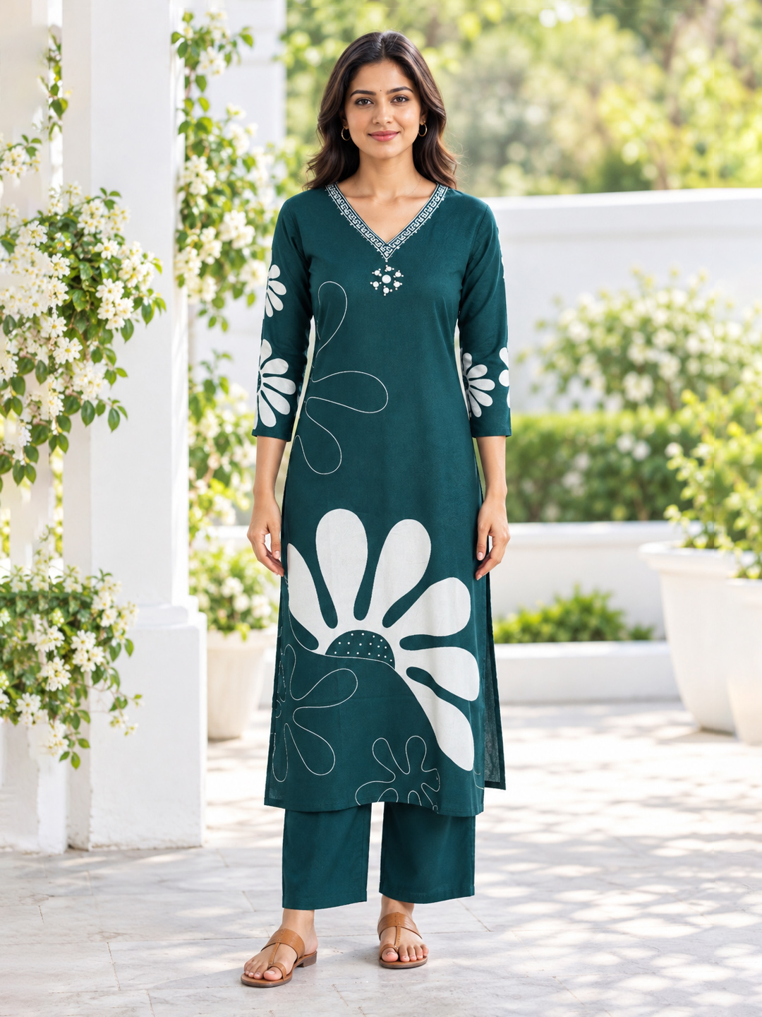 Printed Ethnic  V-Neck Straight  Kurta Set