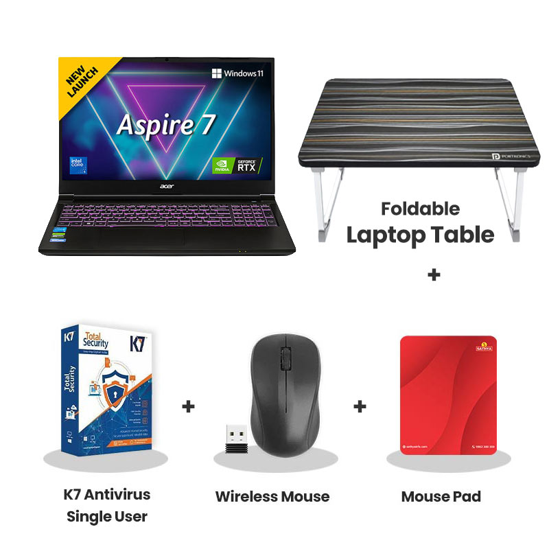 Acer Aspire 7 -  Intel Core 5 210H 15.6" (39.62 cm)  A715-79G Gaming Laptop ( 16GB DDR4/ 512GB SSD/ Full HD Display/ NVIDIA GeForce RTX 4050 6GB GDDR6/  Windows 11 Home/ MS Office/ 1Year Warranty/  Flame Black/  1.99 kg)  with Laptop Table + K7 Antivirus Single User + Wireless Mouse + Mouse Pad