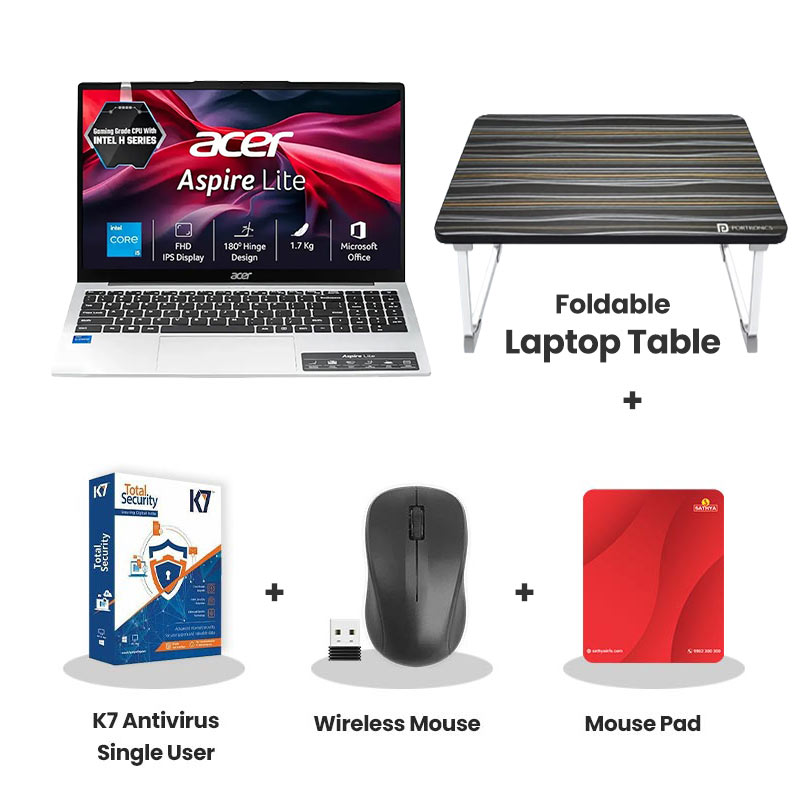 Acer Aspire Lite -  Intel Core 5 210H 15.6" (39.62 cm) AL15-52H Thin & Light Laptop  (16GB LPDDR5/ 512GB SSD/ Full HD Display/ Intel Iris Xe Graphics / Backlit Keyboard/ Windows 11 Home/ MS Office/ 1Year Warranty/ Pure Silver/ 1.70 Kg)  with Laptop Table + K7 Antivirus Single User + Wireless Mouse + Mouse Pad