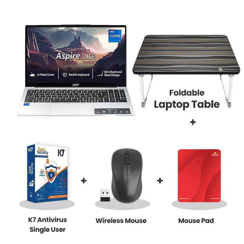 Acer Aspire Lite -  13th Gen Intel Core i7-13620H 15" (38.10 cm) AL15-52H Thin & Light Laptop (16GB LPDDR5/ 512GB SSD/ Full HD Display/  Intel Iris Xe Graphics/  Windows 11 Home/ MS Office/ 1Year Warranty/ Pure Silver/ 1.70 Kg)  with Laptop Table + K7 Antivirus Single User + Wireless Mouse + Mouse Pad