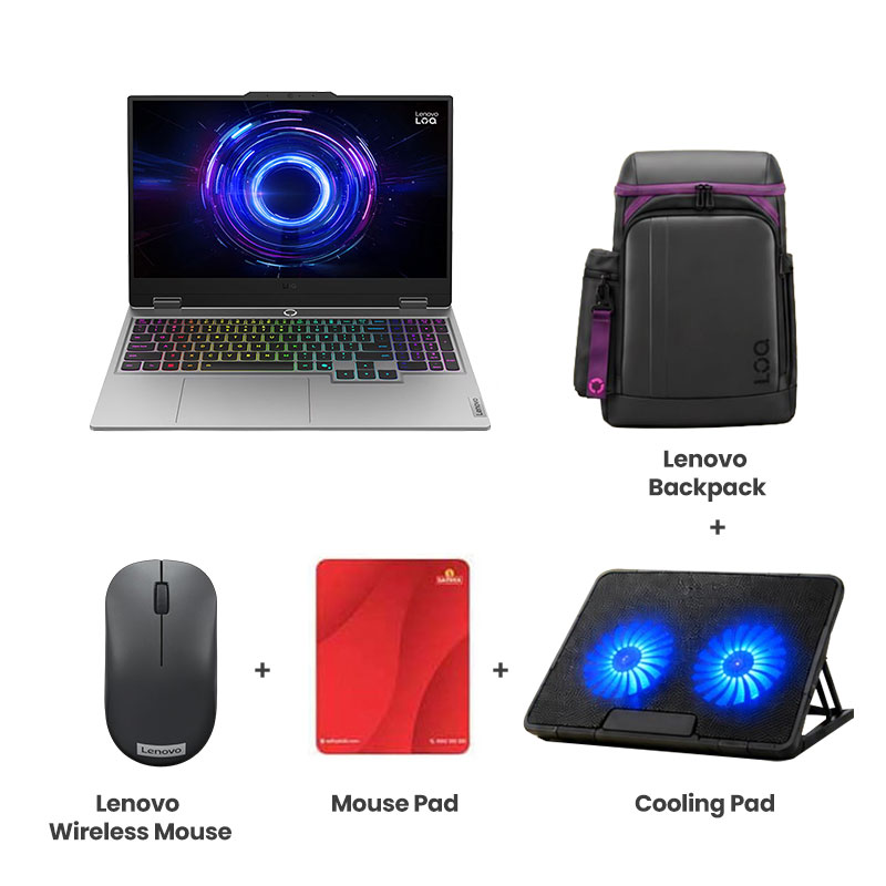 Lenovo LOQ - Intel Core i7-13645HX 15.6" (39.6cm)  83JE019WIN  Gaming Laptop (16GB DDR5/ 1TB SSD/ Full HD Display/ Anti-glare/ NVIDIA GeForce RTX 5060 8GB GDDR7/ Windows 11 Home/  1Year Warranty/ Luna Grey/ 2.4kg)  Lenovo  Backpack + Lenovo  Wireless Mouse + Mouse Pad + Cooling Pad