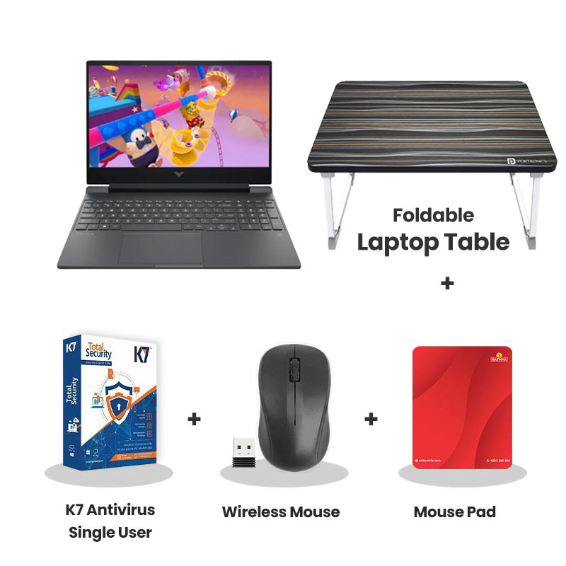 HP Victus -  AMD Ryzen 5-7535HS 15.6" (39.6 cm) 15-fb3262AX Gaming Laptop (12GB RAM/ 512GB SSD/ NVIDIA GeForce RTX 3050 6GB GDDR6/  Windows 11 Home/ 1Year Warranty/ Performance Blue/ 2.29 kg)   with Laptop Table + K7 Antivirus Single User + Wireless Mouse + Mouse Pad