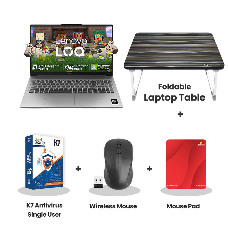 Lenovo LOQ Essential  -  AMD Ryzen 7 7735HS  15.6" (39.62 cm) 83S000FWIN Gaming Laptop  (16GB DDR5/ 512GB SSD/ Full HD Display/ Anti-glare/  NVIDIA GeForce RTX 4050 6GB GDDR6/ Windows 11 Home/ Office Home 2024/  1Year Warranty/  Luna Grey/ 1.8kg) with Laptop Table + K7 Antivirus Single User + Wireless Mouse + Mouse Pad