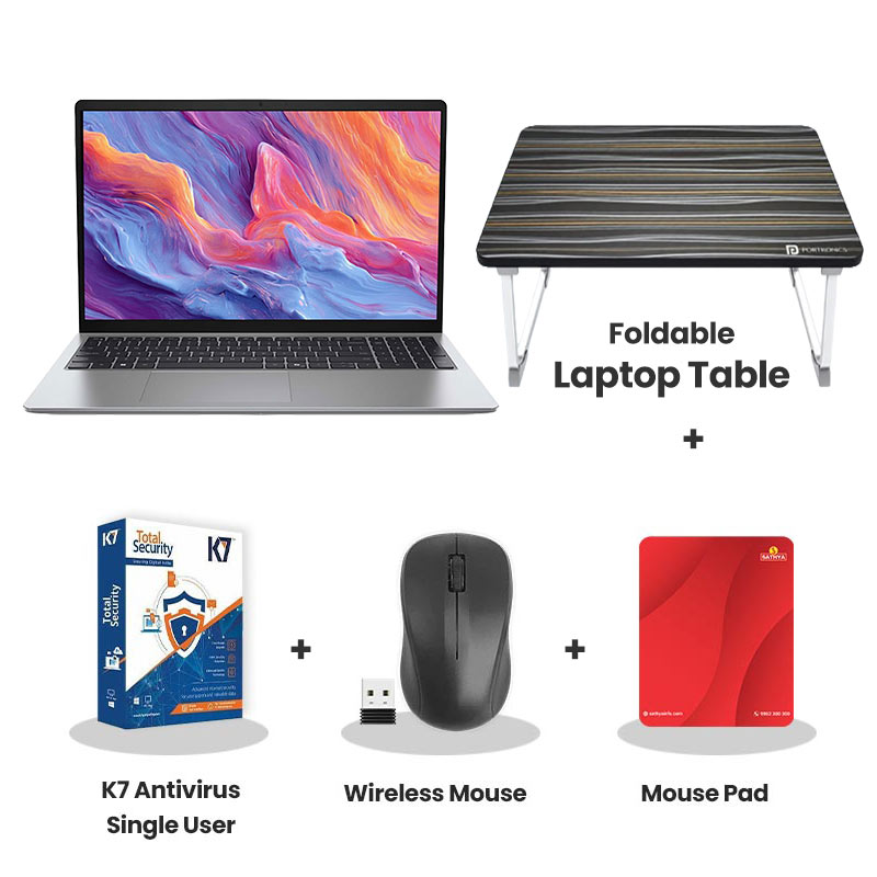 Dell 15 - Intel Core Ultra 5-225H 15.6" (39.62cm) Thin & Light Laptop (16GB/ 512GB SSD/ Full HD Display/ Intel Graphics/ Backlit Keyboard/ Windows 11 Home/ Office Home 2024 + M365 Basic/ 1Year Warranty/ Platinum Silver/ 1.66 kg)   with Laptop Table + K7 Antivirus Single User + Wireless Mouse + Mouse Pad