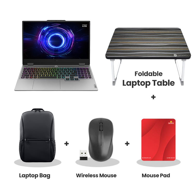 Lenovo LOQ - Intel Core i7-13645HX 15.6" (39.6cm)  83JE019WIN  Gaming Laptop (16GB DDR5/ 1TB SSD/ Full HD Display/ Anti-glare/ NVIDIA GeForce RTX 5060 8GB GDDR7/ Windows 11 Home/  1Year Warranty/ Luna Grey/ 2.4kg)  Laptop Table + K7 Antivirus Single User + Wireless Mouse + Mouse Pad
